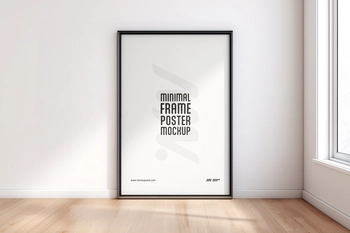 Free Minimal Black Frame Poster Mockup in Bright Modern Room
