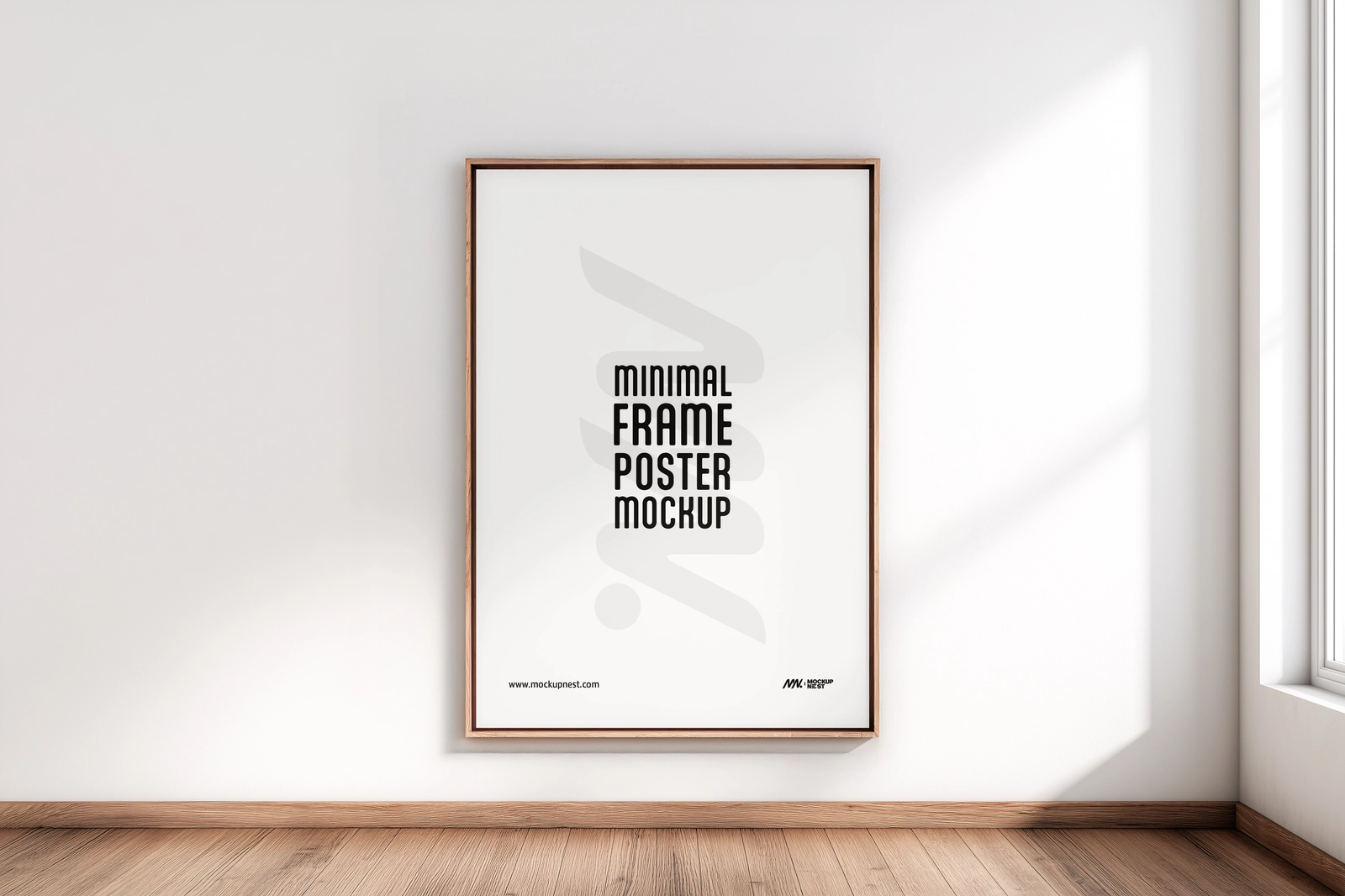 Free Vertical Wooden Frame Poster Mockup on White Wall Interior