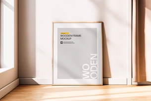 Free Minimal Wooden Frame Poster Mockup in Bright Sunlit Room