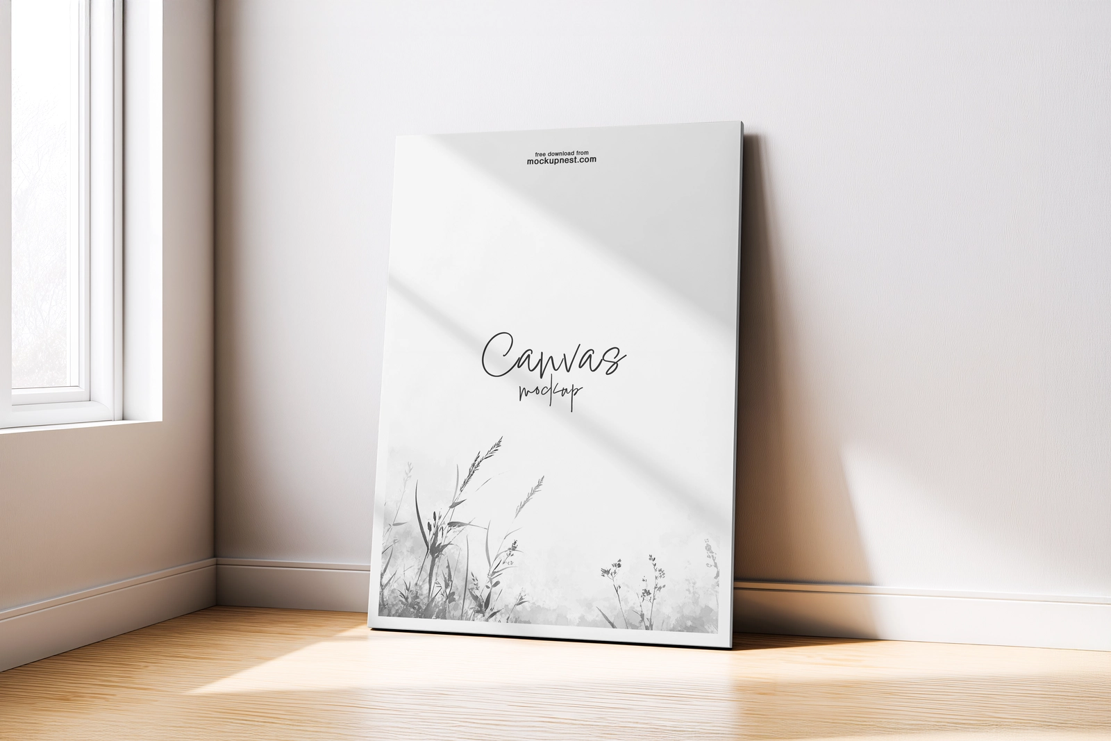 Free Canvas Mockup Leaning Against Wall with Soft Sunlight