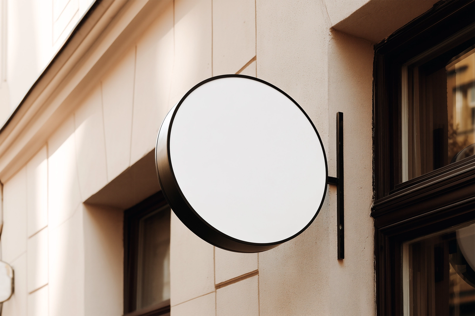 Free Round Cafe Sign Mockup on European Coffee Shop Facade