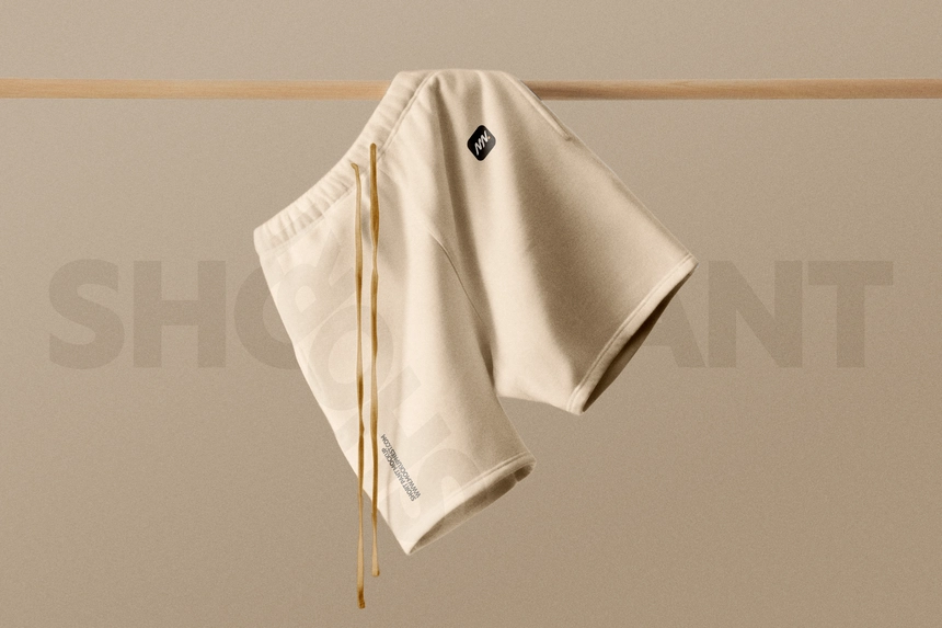 Short Pants Mockup Hanging on Wooden Rod