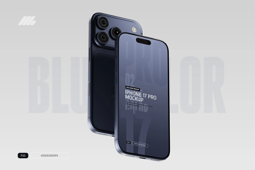 iPhone 17 Pro Mockup PSD Blue Color