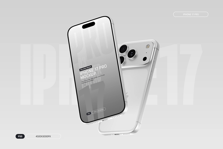 Free iPhone 17 Pro PSD Mockup Silver Color