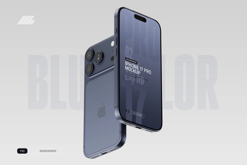 iPhone 17 Pro Mockup PSD Blue Color