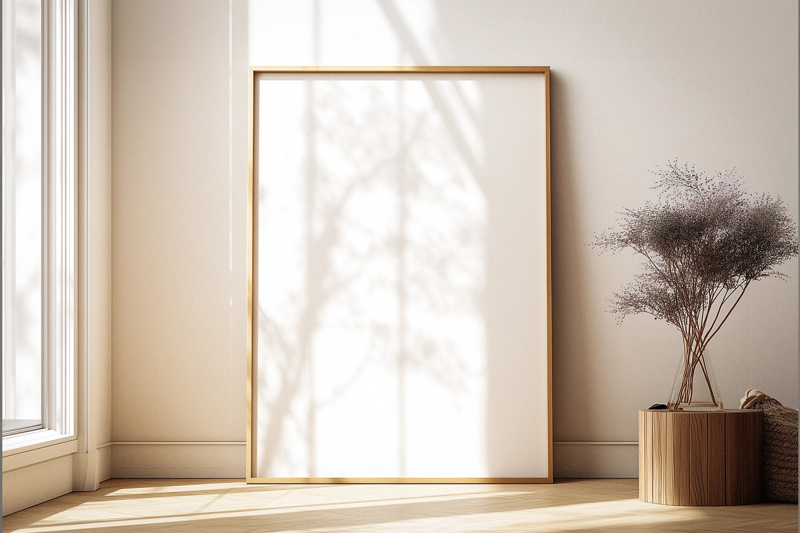 Free Wooden A2 Poster Frame Mockup in Sunlit Minimal Room