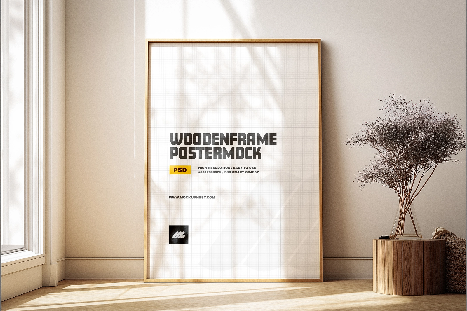 Free Wooden A2 Poster Frame Mockup in Sunlit Minimal Room