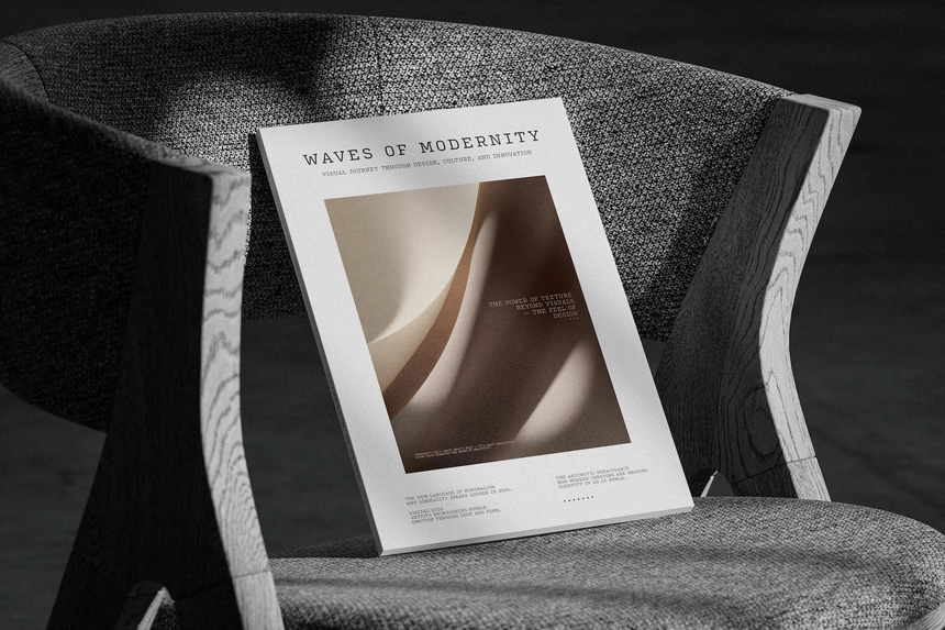 Free A4 Magazine Cover Mockup on Textured Fabric Chair