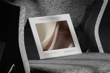 Free Square Magazine Cover Mockup on Textured Fabric Chair