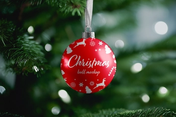 Free Christmas Ball Mockup With Green Tree
