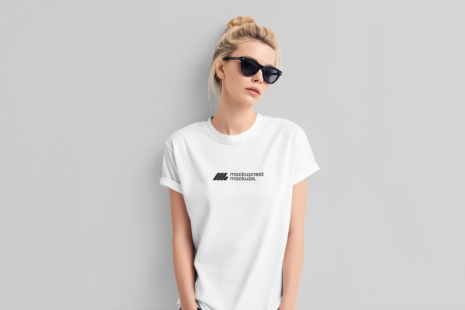 Women T Shirt Mockup with Sunglasses in Studio
