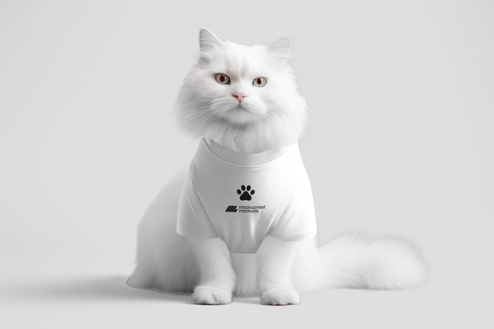 Fluffy White Cat Clothing Mockup on Light Background