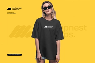 Black T-Shirt Wearing By Woman Mockup