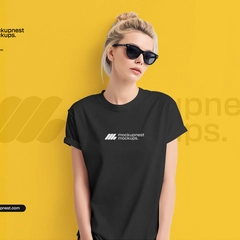 Women T Shirt Mockup with Sunglasses in Studio