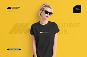 Women T Shirt Mockup with Sunglasses in Studio