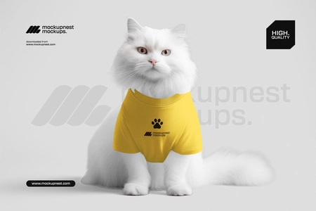 Fluffy White Cat Clothing Mockup on Light Background
