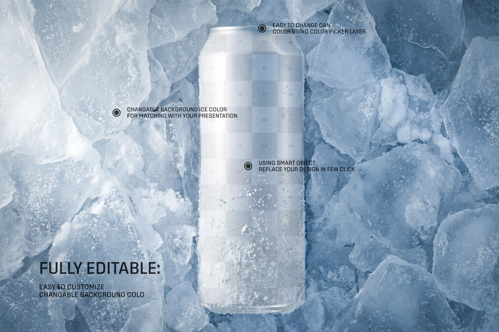 500ml Soda Beer Drink Can On Ice Mockup