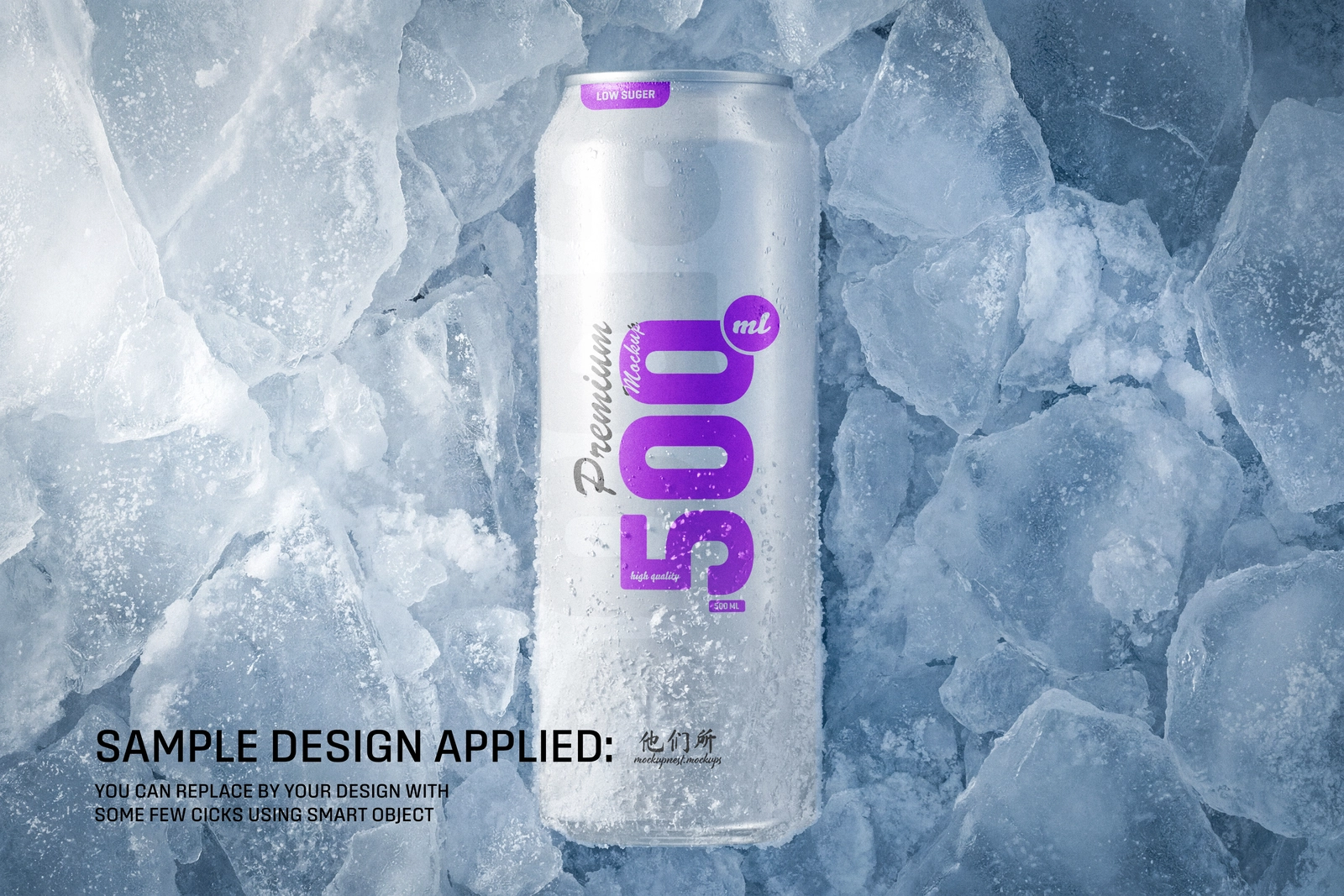 500ml Soda Beer Drink Can On Ice Mockup