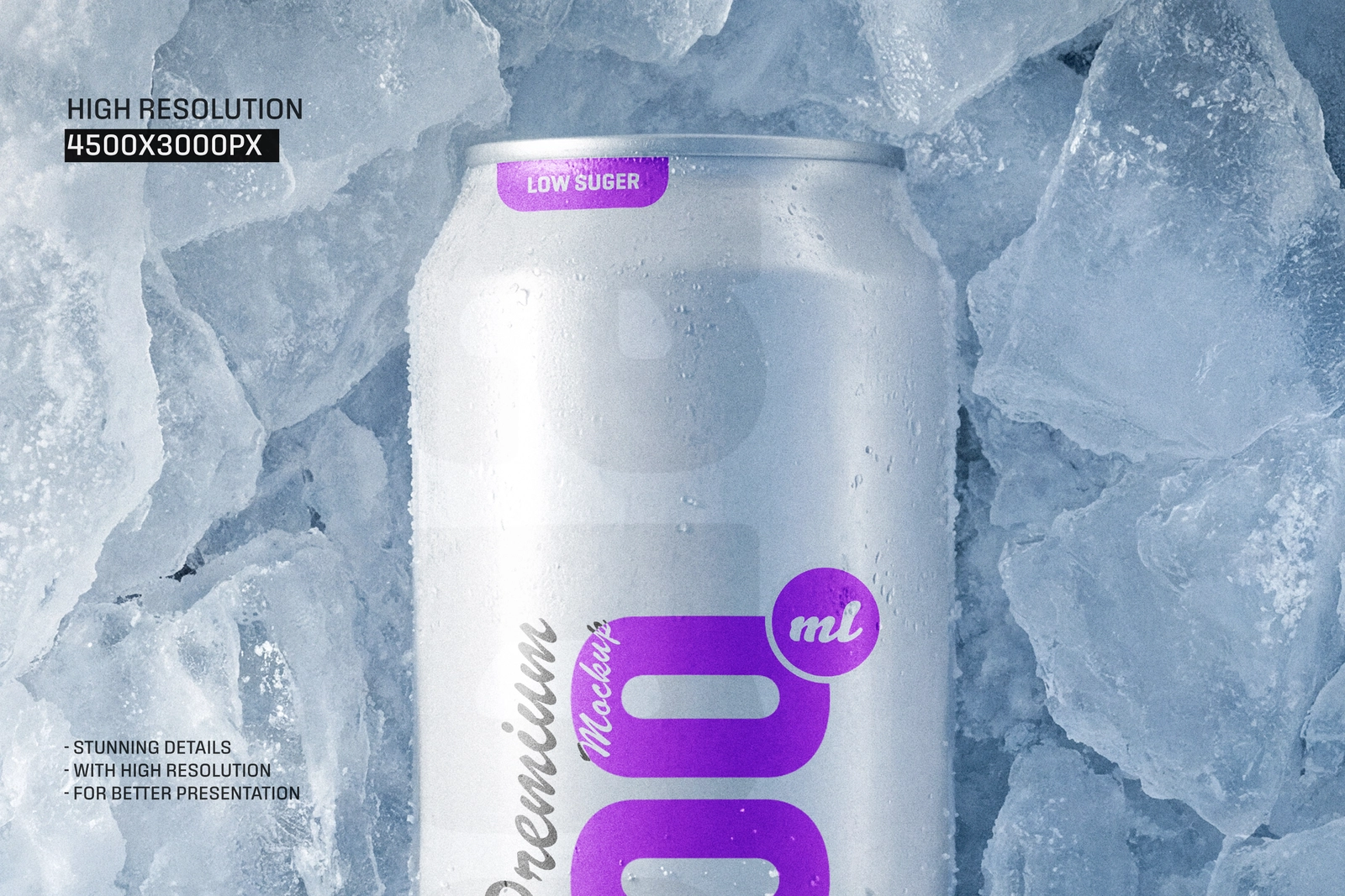 500ml Soda Beer Drink Can On Ice Mockup