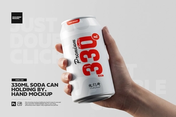 330ml Soda Can Holding By Hand Mockup