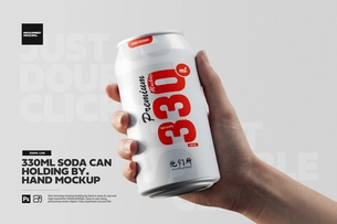 330ml Soda Can Holding By Hand Mockup