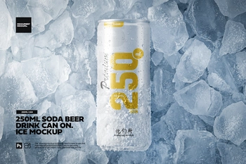 250ml Soda Beer Drink Can On Ice Mockup