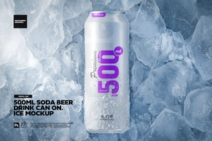 500ml Soda Beer Drink Can On Ice Mockup