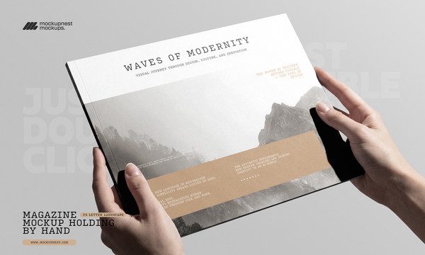 US Letter Landscape Magazine Cover Holding By Hand Mockup