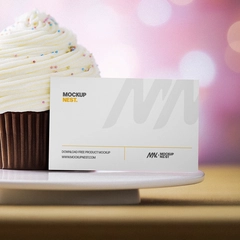 Free Business Card Mockup With Cup Cake Bokeh Background