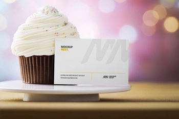 Free Business Card Mockup With Cup Cake Bokeh Background