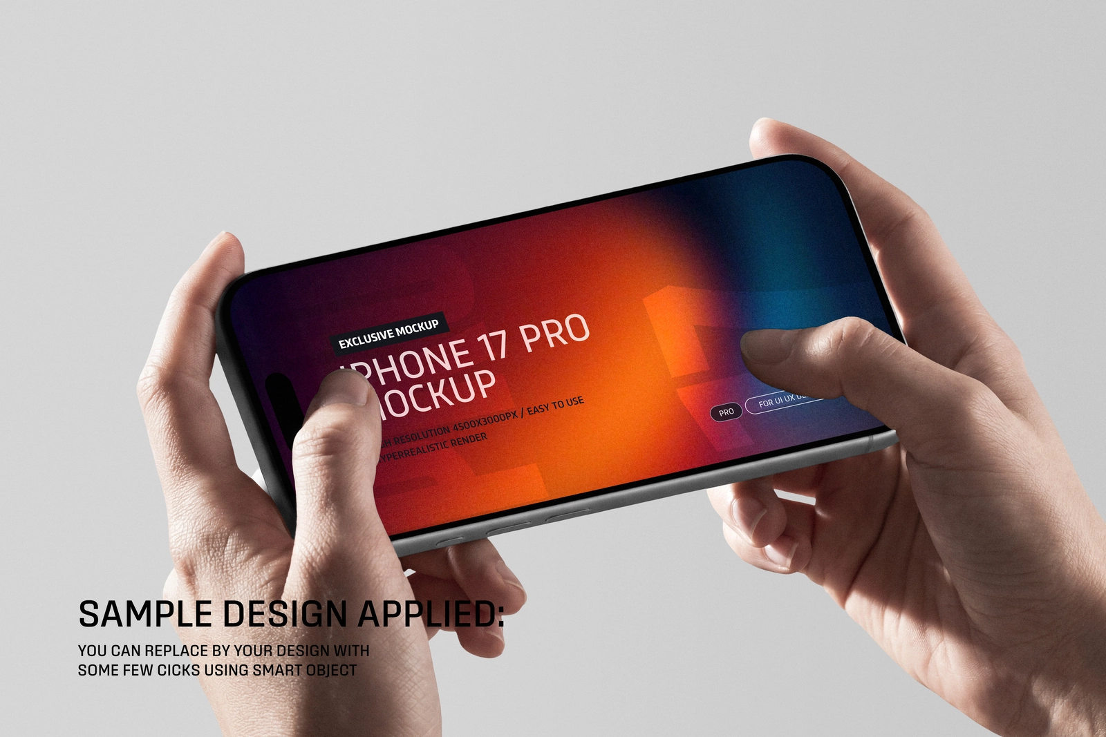 iPhone 17 Pro Holding By Hand Horizontally Mockup