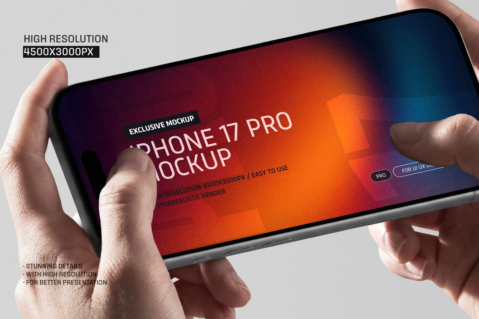 iPhone 17 Pro Holding By Hand Horizontally Mockup