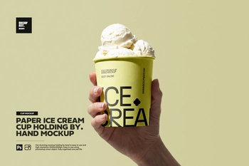 Paper Ice Cream Cup Holding By Hand Mockup
