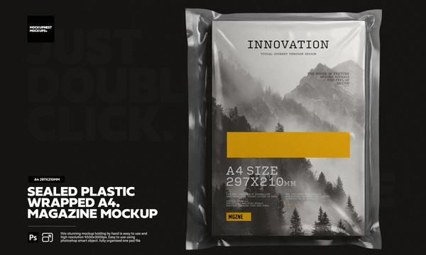 Plastic Sealed Wrapped A4 Magazine Mockup