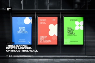 Three Banner Poster Mockup On Industrial Wall