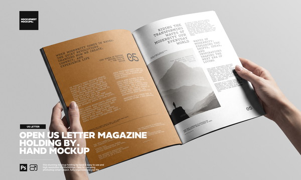 Open US Letter Magazine Holding By Hand Mockup