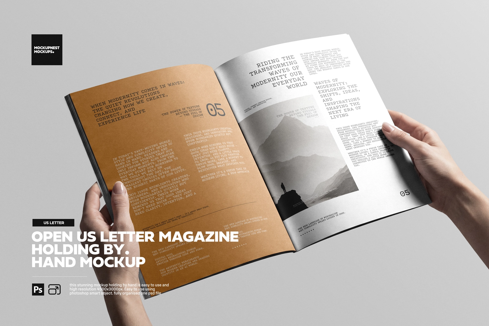 Open US Letter Magazine Holding By Hand Mockup