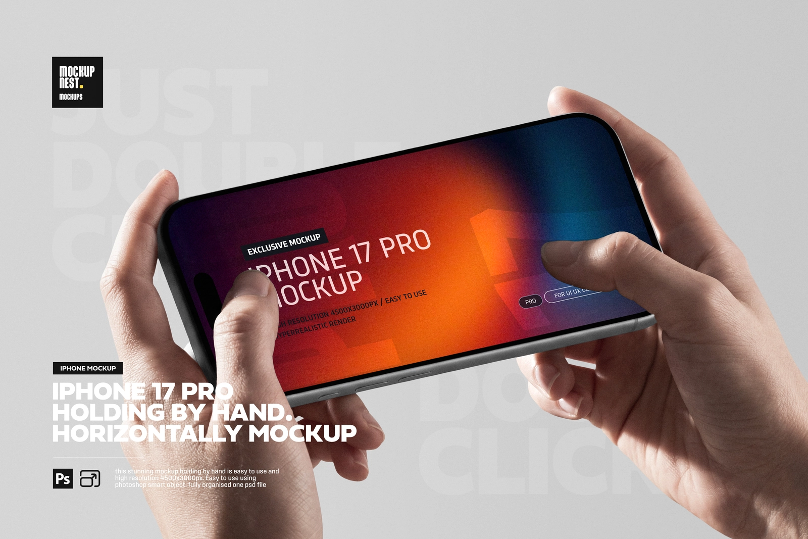 iPhone 17 Pro Holding By Hand Horizontally Mockup