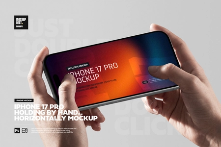 iPhone 17 Pro Holding By Hand Horizontally Mockup
