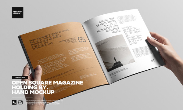 Open Square Magazine Holding By Hand Mockup