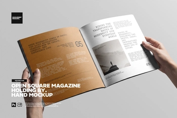 Open Square Magazine Holding By Hand Mockup
