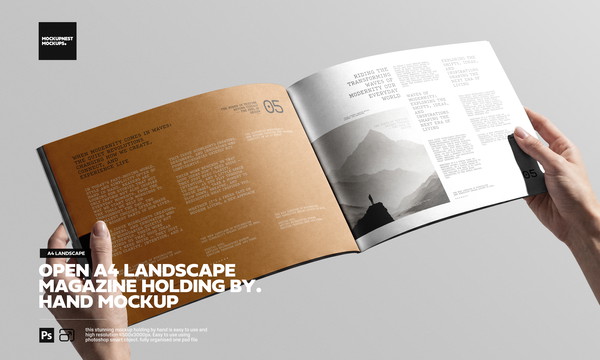 Open A4 Landscape Magazine Holding By Hand Mockup
