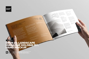 Open A4 Landscape Magazine Holding By Hand Mockup