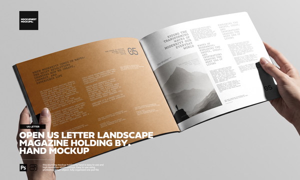 Open US Letter Landscape Magazine Holding By Hand Mockup