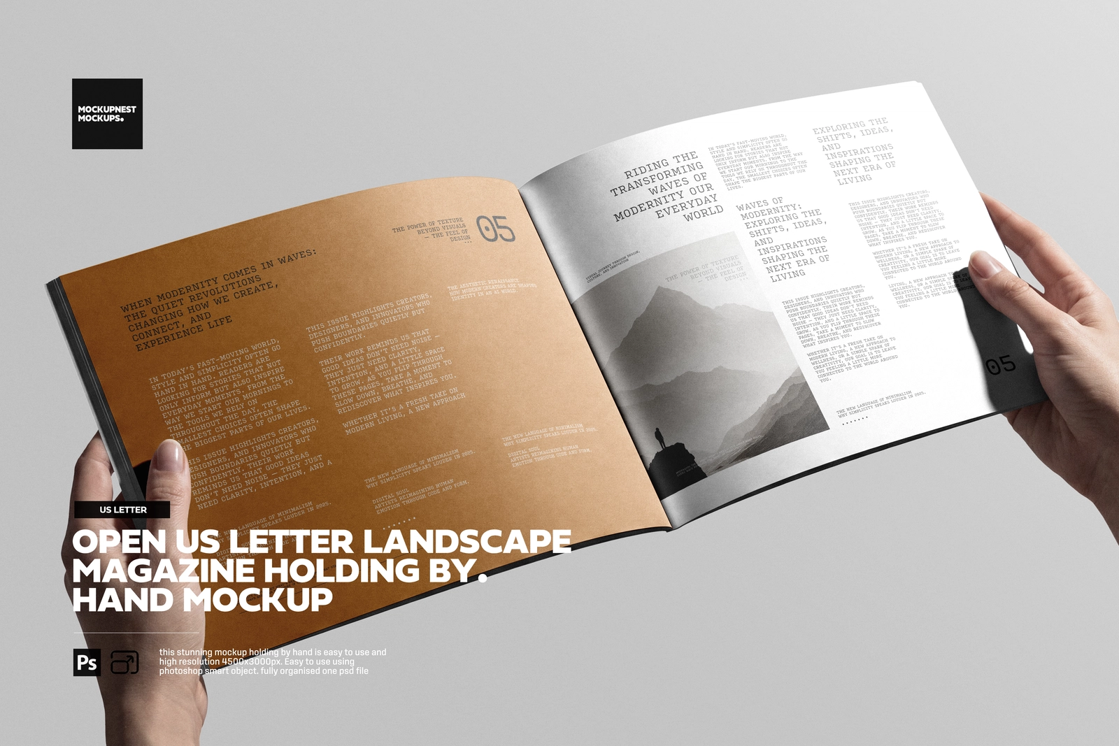 Open US Letter Landscape Magazine Holding By Hand Mockup