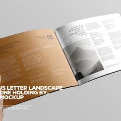 Open US Letter Landscape Magazine Holding By Hand Mockup
