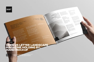 Open US Letter Landscape Magazine Holding By Hand Mockup