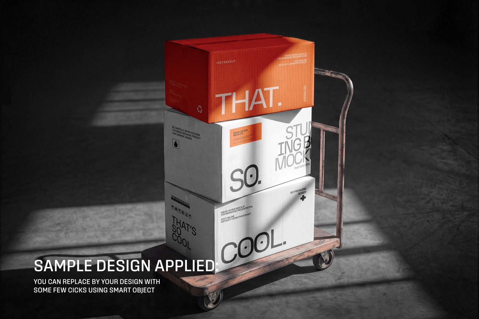 Stacked Cardboard Box Mockup on Industrial Warehouse Trolley
