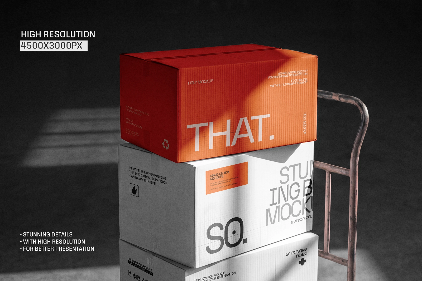 Stacked Cardboard Box Mockup on Industrial Warehouse Trolley