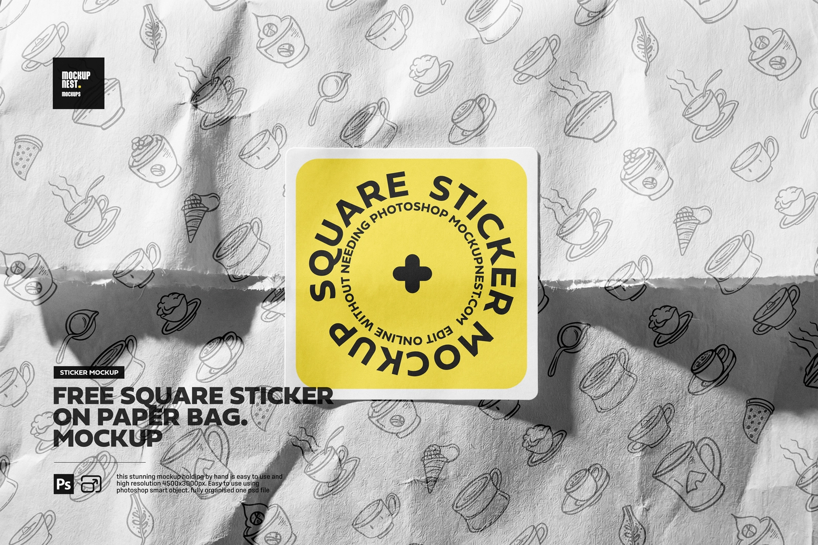 Free Square Sticker On Paper Bag Mockup